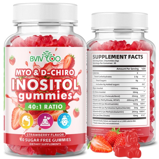 [BRSRGFDYCEGWA3I7] Myo-Inositol & D-Chiro-Inositol Gummies with Vitamin D3, Magnesium Glycinate, Folate & Zinc, Inositol Supplement for Female Health, Sugar Free, Strawberry Flavor, 60 Count