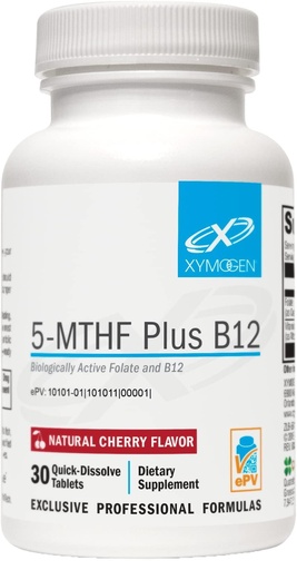 [BRSRMGQTCRYQEAY2] XYMOGEN 5-MTHF Plus B12 - Biologically Active Folate & Methyl B12 Supplement - for Methylation & Nervous System Support* - Gluten-Free - Cherry Flavor - 30 Quick-Dissolve Tablets