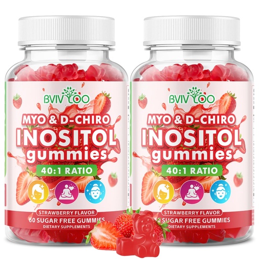 [BRSRGFD3OUFWCALV] 2 Pack Myo-Inositol & D-Chiro-Inositol Gummies with Vitamin D3, Magnesium Glycinate, Folate & Zinc, Inositol Supplement for Female Health, Sugar Free, Strawberry Flavor, 120 Count