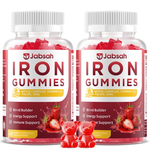 [BRSRGYLQBAMWCDTK] Vegan Iron Gummies for Women & Men, Iron Supplement with B-Complex, Vitamin C, A, Folate for Adults & Kids - Blood Builder & Energy Support & Immune Health - Strawberry Flavor, 120 Gummies