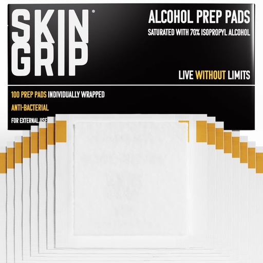 [BRSRAYAPBAPA2D3A] Skin Grip Alcohol Prep Pads – 100 Count of Individually Wrapped Wipes, Saturated with 70% Isopropyl Alcohol – Helps Prep Skin for Injections & Device Application, Must-Have for First-Aid Kits