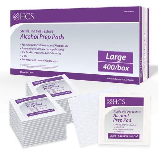 [BRSRG2QRC4DROGYZ] HCS Large Alcohol Prep Pads - 70% Isopropyl Alcohol Wipes, Individually Wrapped - 2 ply, Textured, Sterile Skin Prep Swabs (400/Box)