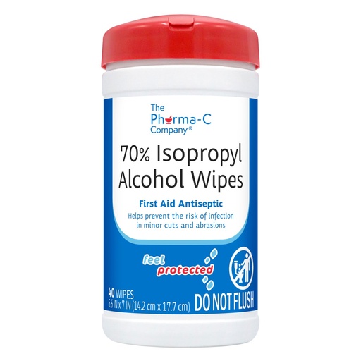[BRSWIEAOA4AGO2DE] The Pharma-C Company 70% Isopropyl Alcohol Wipes [40 wipes] - IPA First Aid Antiseptic Wound Cleaner with Moisture Lock Lid. For minor cuts, scrapes, and burns.