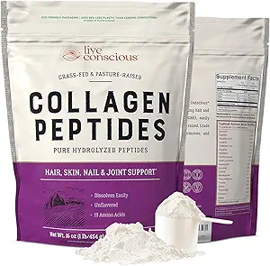 [BRSRAZAYA4MROC3P] Live Conscious Collagen Peptides Powder Unflavored Packets-Hydrolyzed Collagen Powder-Hair, Skin, Nail, & Joint Support-Type I & III Grass-Fed Collagen Supplements for Women and Men - Pack of 20 (2Pk)
