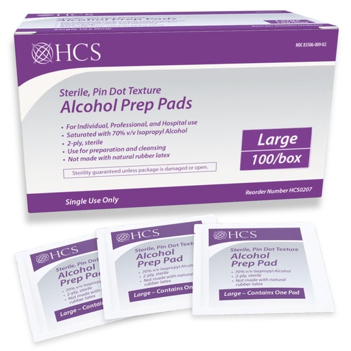 [BRSROAADCABRAH33] HCS Large Alcohol Prep Pads - Textured, 70% Isopropyl Alcohol Wipes, Individually Wrapped - 2 ply Sterile Skin Prep Swabs for Injections, First Aid (100/Box)