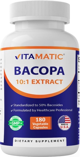 [BRSRAAA5BAMBSGY3] Vitamatic Bacopa Monnieri – 10:1 Plant-Based Botanical Extract Capsules – Concentrated Herbal Supplement – Vegetarian, Non-GMO, Gluten-Free – 180 Count