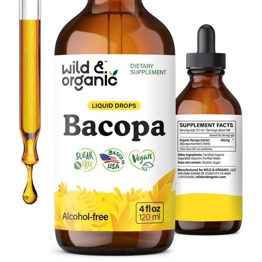 [BRSRAGQFCQARS3DU] Wild & Organic Bacopa Monnieri Supplement - Brain & Focus Support - Bacopa Extract Liquid Drops - Brahmi Herb Tincture to Add to Tea - 5-Month Supply - Vegan, Sugar & Alcohol-Free - 4 fl oz