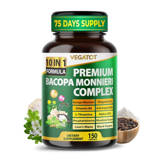 [BRSRGYD4CUIGKF33] VEGATOT Premium Organic Bacopa Monnieri Complex 10-in-1 Formula with Magnesium, Vitamin B6, L-Theanine, Alpha-GPC & Ashwagandha – Supports Memory, Focus & Clarity – 150 Capsules