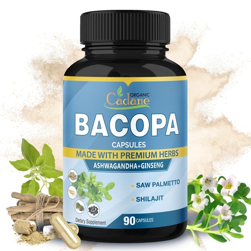 [BRSWYAT4O4NAM3DL] Organic Cadane Bacopa Monnieri Supplement - Blended with Ashwgandha, Ginseng, Saw Palmetto, Shilajit - 90 Capsules for 3 Month Supply
