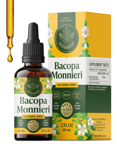 [BRSREEAFDN5RS3D5] HERBAMAMA Bacopa Monnieri Supplement - Vegan Brain Focus and Clarity Support with Bacopa Extract Tincture - Non-GMO, Alcohol & Sugar-Free Brahmi Herb Drops, 84-Day Supply