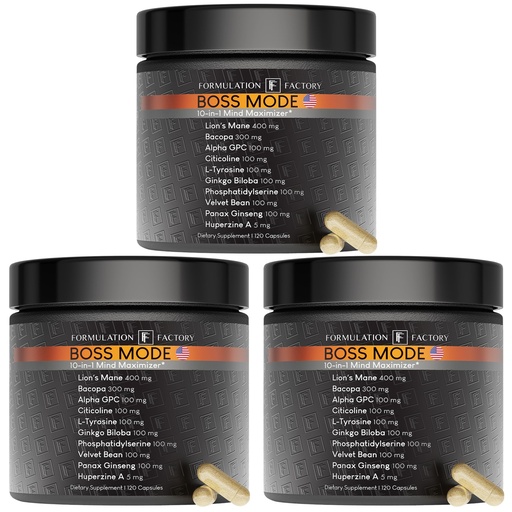 [BRSRE2Y2CV7RM23D] Formulation Factory BOSS Mode 10-in-1 Nootropic Complex with Lion's Mane, Alpha-GPC, Bacopa Monnieri, Ginkgo Biloba, Rhodiola, Ashwagandha & L-Tyrosine - 360 Capsules, 6 Month Supply