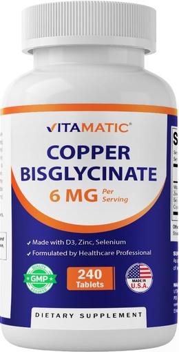 [BRSRAAD6AB4AIHQ2] Vitamatic Copper Bisglycinate 6 mg Made with Vitamin D3 2000 IU, Zinc 50mg, Selenium 50mcg - 240 Tablets - Non-GMO & Gluten Free