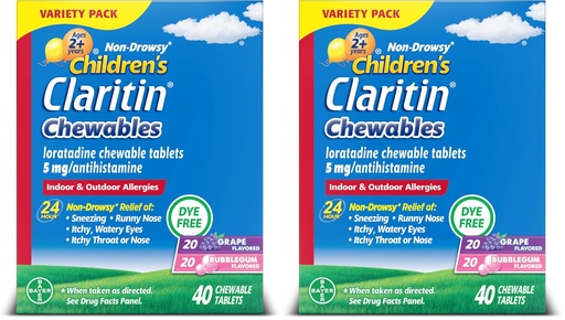 [BRSRGGQKBUFWAG3K] Claritin Children's Allergy Medicine, 24-Hour Non-Drowsy Loratadine 5mg Chewable Tablet, Antihistamine for Kids Ages 2 Years and Older, Grape & Bubble Gum Flavors, 40 Tablets, (Pack of 2)