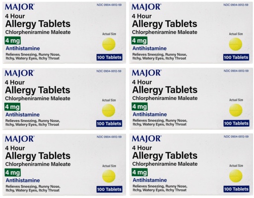 [BRSWIBQ7AYIGIEQ7] [6 Pack] Anti-Allergy Antihistamine Chlorpheniramine Maleate 4 Mg Generic for Chlor-trimeton Allergy 100 Tablets Per Bottle 6 Pack Total 600 Tablets