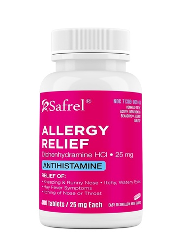 [BRSREBL6AV5WA3LJ] Safrel Allergy Relief Medication 25mg Diphenhydramine HCl, Antihistamine for Sneezing, Runny Nose, Itchy Eyes and Throat, Indoor and Outdoor Allergies (400 Count)