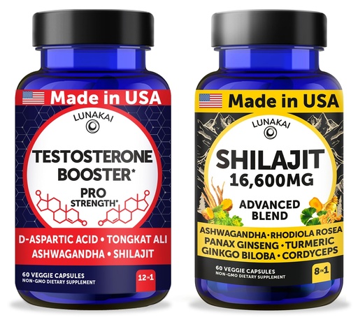 [BRSREAYCBN7GK2TU] Lunakai USA Made Testosterone Booster + Shilajit Capsules Bundle – Non-GMO – 60ct Each