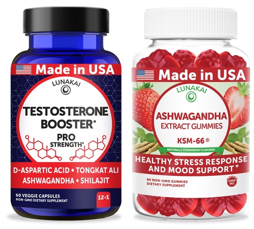 [BRSREAYFOYHGY3Y4] Lunakai USA Made Testosterone Booster Capsules + Ashwagandha Extract Gummies Bundle – Non-GMO – 60ct Each