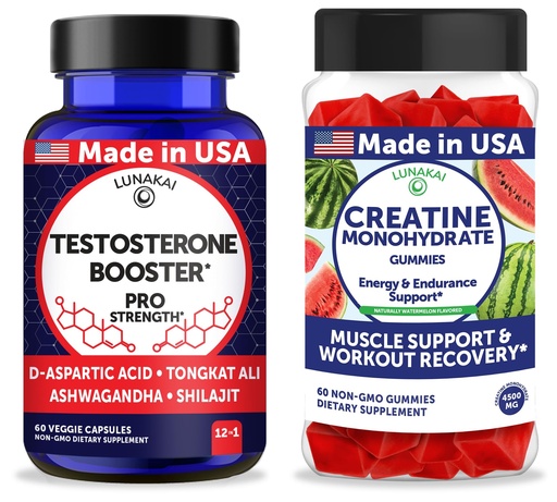 [BRSREAYCCANGYG33] Lunakai USA Made Testosterone Booster Capsules + Creatine Monohydrate Gummies Bundle – Non-GMO – 60ct Each