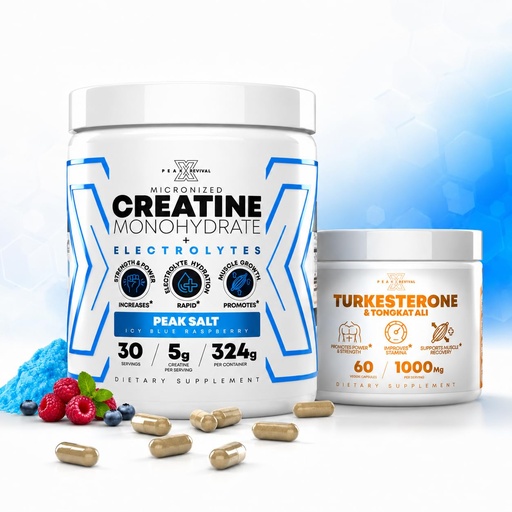 [BRSRYYALB4MRS33A] Peak Revival-X Turkesterone Tongkat Ali Capsules + Creatine Monohydrate Powder with Electrolyte Hydration Salts, ICY Blue Raspberry, Muscle Strength & Recovery Support, 30 Servings