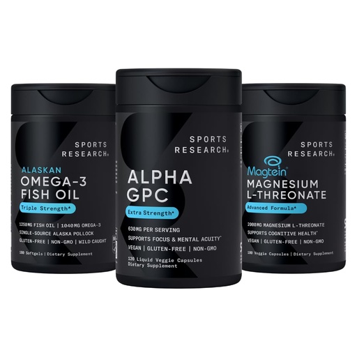[BRSREAT2C4FQMEY4] Sports Research® Brain Support Pack - Extra Strength Alpha GPC 630mg + Omega-3 Fish Oil 1250mg + High-Absorption Magtein® 2000mg