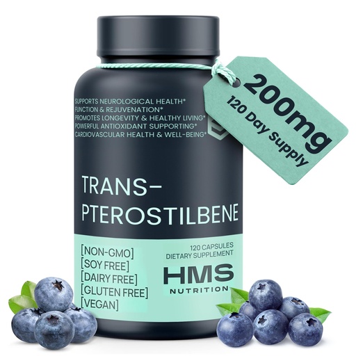 [BRSRAAIOO4FA4H3K] HMS Nutrition Trans‑Pterostilbene 200 mg — High Bioavailability Antioxidant for Healthy Aging, Cellular, Brain & Heart Support — Vegan, Non‑GMO, Soy‑Free, Gluten‑Free, 120 Capsules (120 Day Supply)