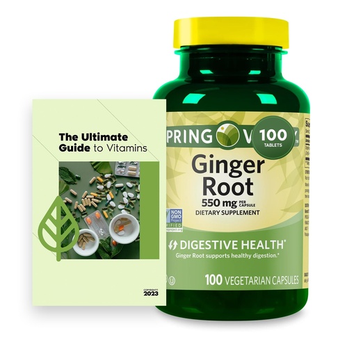 [BRSREED7B4NBU2AZ] SPR-ing Valle Ginger Root Digestive Health Dietary Supplement Capsules, 550 mg, 100 Count Bundle with Vtmx Vitamin Guide