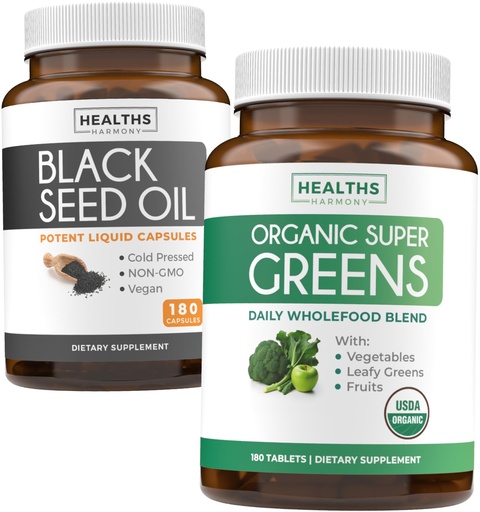[BRSRAY37DMFAO3DJ] Black Seed Oil & Organic Super Greens (3-Month Supply) Seed & Sprout Bundle of Black Seed Oil (180 Capsules) Cold-Pressed Nigella Sativa & Organic Super Greens Powder (180 Tablets) Complete Superfood