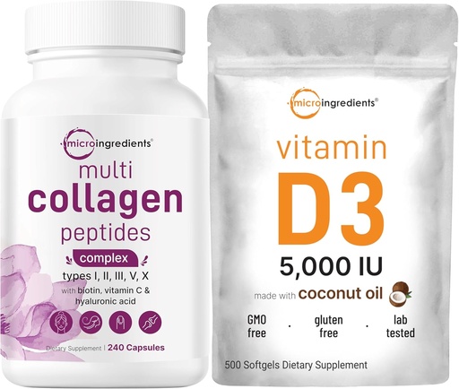 [BRSRABT3B4GRGELO] Micro Ingredients Multi Collagen Pills & Vitamin D3 5,000 IU Bundle Pack | Grass-Fed Collagen Peptides | Vitamin D as Cholecalciferol