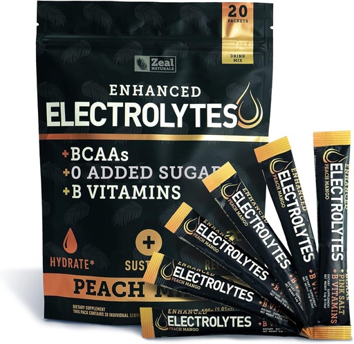 [BRSWYGI3DEPQMFDO] Enhanced Electrolyte Powder (Peach Mango 20pk.) w 0 Sugar +BCAAs +B-Vitamins Electrolyte Supplement w Potassium Zinc & Magnesium for Hydration - Keto Electrolytes