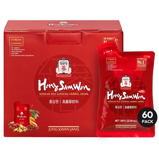 [BRSREZAECACB6ADV] JUNG KWAN JANG US HongSamWon - Korean Red Ginseng Tea, Pre and Post Workout Herbal Energy Drink with Jujube, Cinnamon Ginger & Goji Berry - Caffeine Free, Non-GMO (60 Pouches, 1.69 fl oz)