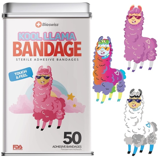 [BRSWYGIPBEBWOH37] BioSwiss Bandages, Llama Shaped Self Adhesive Bandage Set, Latex Free, Sterile Wound Care, 50 Count