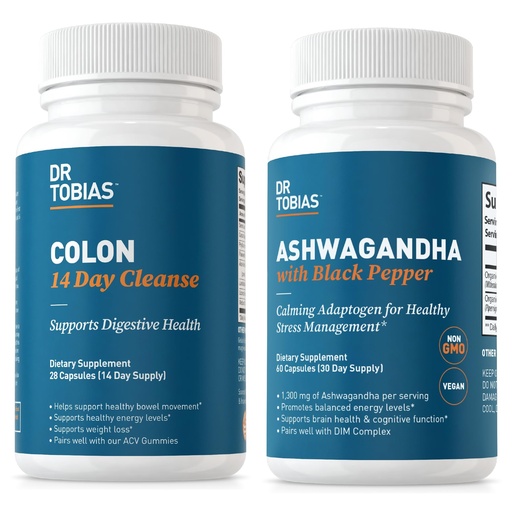 [BRSROCAEAABWYFLG] Dr. Tobias Colon 14 Day Cleanse and Ashwagandha Capsules, Colon Cleanse Detox and Calming Adaptogen, Supports Energy & Immune Health, Non-GMO