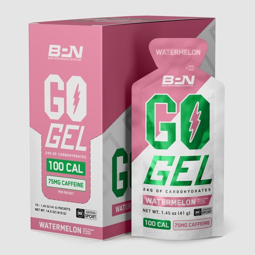 [BRSRYZTROUMWYAY7] BARE PERFORMANCE NUTRITION, BPN Go Gel Endurance, 24g of Carbohydrates & 100 Calories per Pack, Vegan + Gluten Free Running Gel, 10 Single-Serving Packs, Caffeinated Watermelon