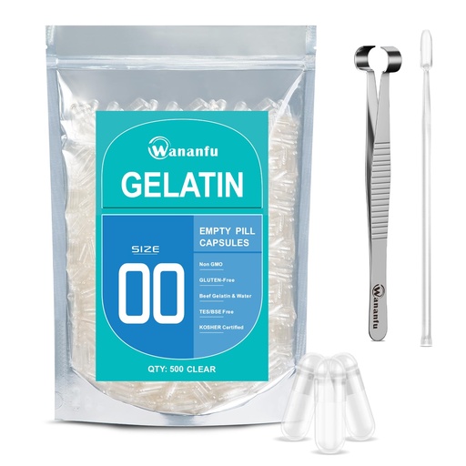 [BRSRGZYZBZYRGFDJ] wananfu Size 00 Empty Capsules Gelatin (500 Count) Bundle with Capsule Tweezer and Micro Lab Spoon, Clear Fillable Gel Pill Capsules 00 for Making Your Own Supplements