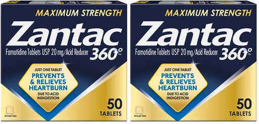 [BRSRABIBBMNAOEQ7] Zantac 360 Maximum Strength Heartburn Prevention and Relief Tablets, 20 mg Famotidine Pills with Targeted Relief to Control Acid Before Heartburn Starts, 50 Count (Pack of 2)