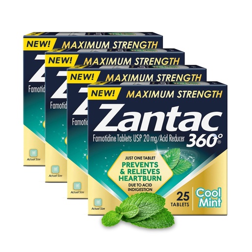 [BRSREBQ5OYDW2ALB] Zantac 360 Maximum Strength, Cool Mint, 25 Count, Heartburn Prevention & Relief, 20mg Tablets(Pack of 4)