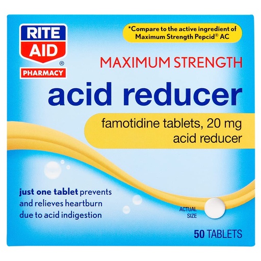 [BRSWGAIRA56A4HTL] Rite Aid Acid Reducer, Maximum Strength Famotidine Tablets, 20 mg – 50 Tablets - Heartburn Relief - Acid Reflux - Antacid Chews & Tablets