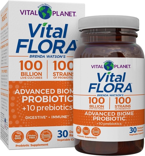 [BRSWYYAPCEFGCCTV] Vital Planet - Vital Flora Advanced Biome Probiotic 100 Billion CFU, 100 Diverse Strains, 10 Organic Prebiotics, Immune Support, Colon and Digestive Health Probiotics for Women and Men 30 Capsules