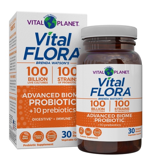 [BRSWYYAPCEFGCCTV] Vital Planet - Vital Flora Advanced Biome Probiotic 100 Billion CFU, 100 Diverse Strains, 10 Organic Prebiotics, Immune Support, Colon and Digestive Health Probiotics for Women and Men 30 Capsules