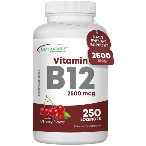 [BRSROFD4CEMGMG3B] NutraBulk Vitamin B12 2500 mcg Quick Dissolve Lozenges - Cherry Flavored B-12 Sublingual - B12 Vitamins Supplement (as Cyanocobalamin) for Energy & Red Blood Cell Support - Made in USA (250 Count)