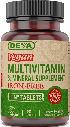 [BRSWKZQYPMOAKALA] DEVA Vegan Iron-free Multivitamiini & Mineral Supplement, C-vitamiini, D2, E & B-komplex, Biotiini, 90 pientä tablettia