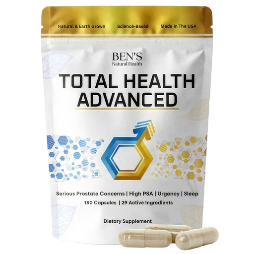 [BRSW2BAFPMBQ4HQ4] Ben's Natural Health Total Health Advanced, Prostate Support Supplement with 29 Ingredients Beta‑Sitosterol, Vitamins C, D, E, Zinc, Pygeum, Turmeric, Holy Basil, 150 Capsules