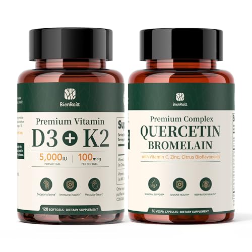 [BRSRYZT4CQHWMDQU] Vitamin D3 K2 5000IU Softgels & Quercetin Complex with Bromelain Zinc Vitamin C Supplement Bundle | 2 Bottles Total (120ct D3K2 +60ct Quercetin), D3K2 for Calcium & Bone Support + 7-in-1 Quer
