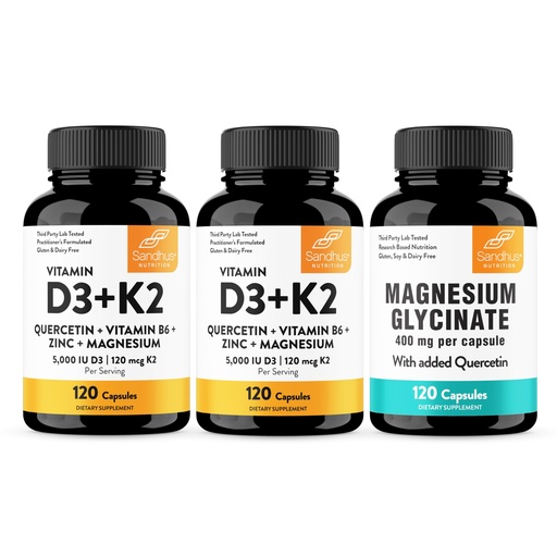 [BRSREZIOBEIQM3DK] Sandhu's Vitamin D3 K2 & Magnesium Glycinate with Quercetin Capsules | Supports Quality Sleep, Relaxation, Immune, Muscle Health & Energy