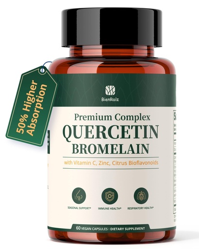 [BRSRGBADAEPQKFDF] BienRaiz Quercetin 600mg with Bromelain, Vitamin C & Zinc - 7 in 1 Immune Support Supplement for Respiratory Health & Seasonal Wellness - Antioxidant, Non-GMO, Gluten Free, Vegan, 60 Capsules