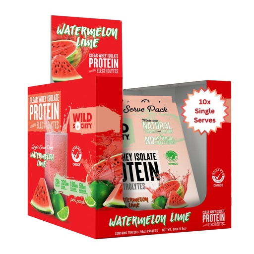 [BRSREZL6PIPAYETK] WILD SOCIETY - Clear Protein Powder + Electrolytes - 20g Clear Whey Protein Isolate Drink - Zero Sugar - 0g Lactose - Natural Ingredients - Travel Pack - 10x Singe Serves - Watermelon Lime