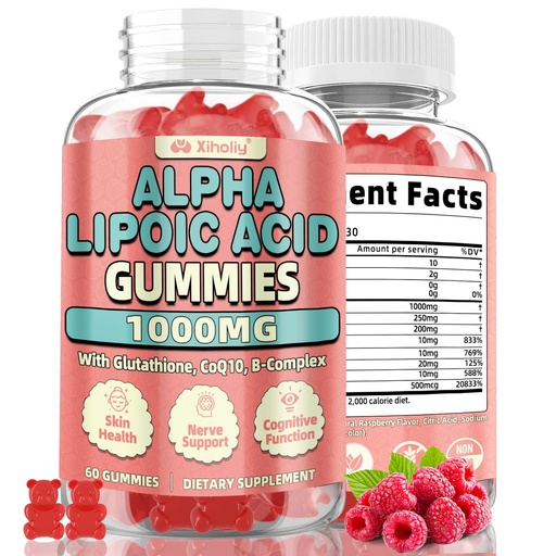 [BRSREAQYOYGQKA35] Alpha Lipoic Acid Gummies 1000 MG, High Potency Chewable ALA Supplement with Glutathione, CoQ10, Vitamin B Complex for Antioxidant, Cognitive, Nerve* Support, Sugar-Free, Raspberry Flavor, 60 Counts