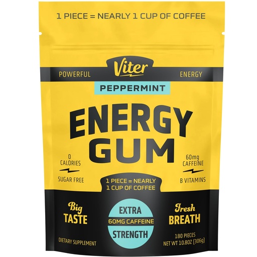 [BRSREYIYO5YQODLZ] Viter Energy 60mg Caffeine Gum (Peppermint Flavor, 180 Pieces) - Sugar Free, Vitamin B3, B6, B9, B12, Zero Calories, Caffeinated Energy Chews, Nootropic Focus Supplement for Men & Women