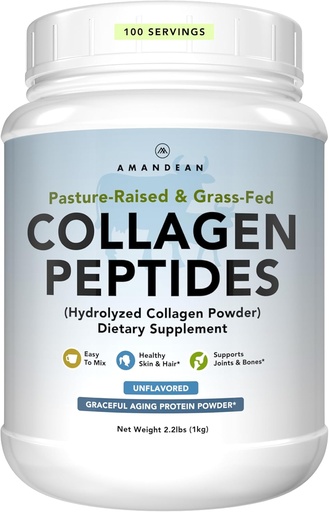 [BRSWKFA4DJ7AGGD4] AMANDEAN Collagen Peptides Powder 1kg. Grass-Fed, Enzymatically Hydrolyzed, Type 1 & 3. Agglomerated, Easy to Mix, Unflavored, Non-GMO. Protein with 18 Amino Acids for Healthy Skin, Hair, Nails.