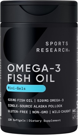 [BRSROGQHPIIW2CQ7] Sports Research Fish Oil Mini-Softgels - Easy to Swallow Omega-3 Fatty Acids from Wild Caught Alaska Pollock - 625mg, 120 Softgels